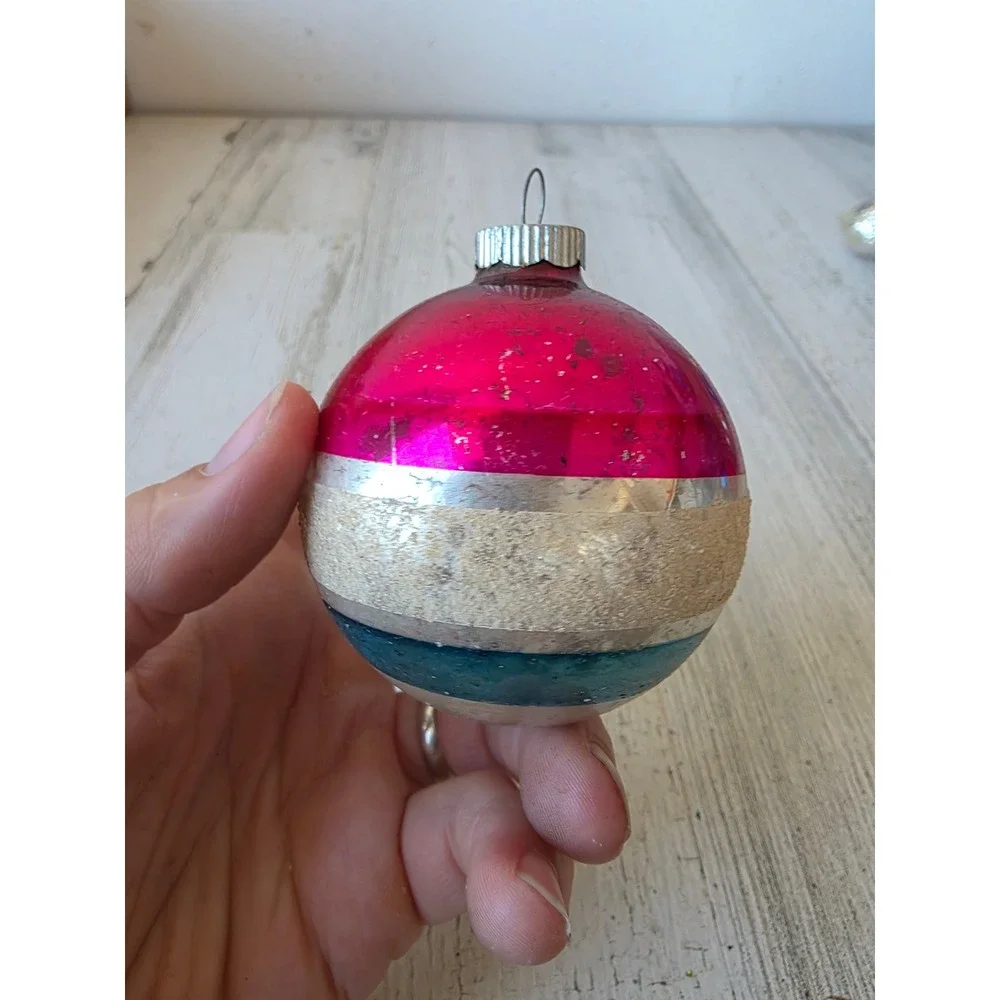 Vintage shiny Brite Mica red white blue striped glass ornament Xmas tree